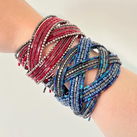 Vintage 90s Y2k Glass Seed Bead Wrap Bracelet Cuffs - Set of 2: Red & Blue - Picture 1 of 5